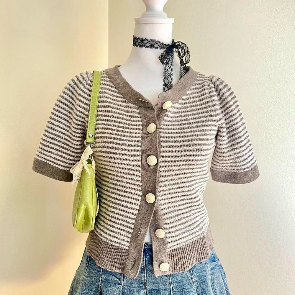 Vintage Y2K Anthropologie Preppy Twee Grunge Knit Babydoll Cardigan Sweater Top